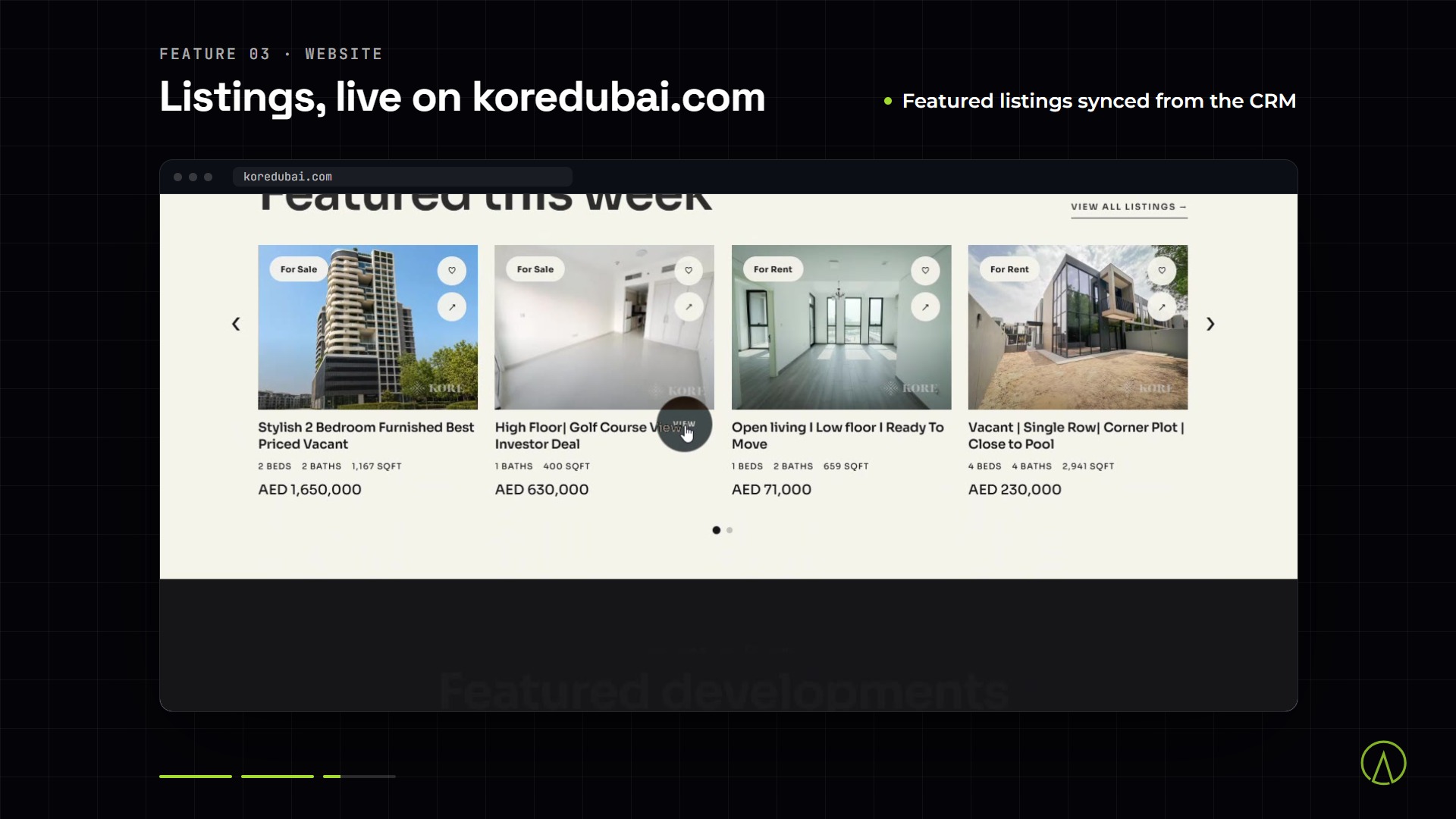 KORE screens: n8n workflows, the CRM deal board and koredubai.com listings